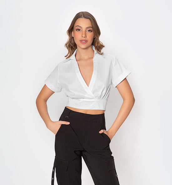 BLUSA CROP MANGA CORTA CON GUARDAPOLVO Y